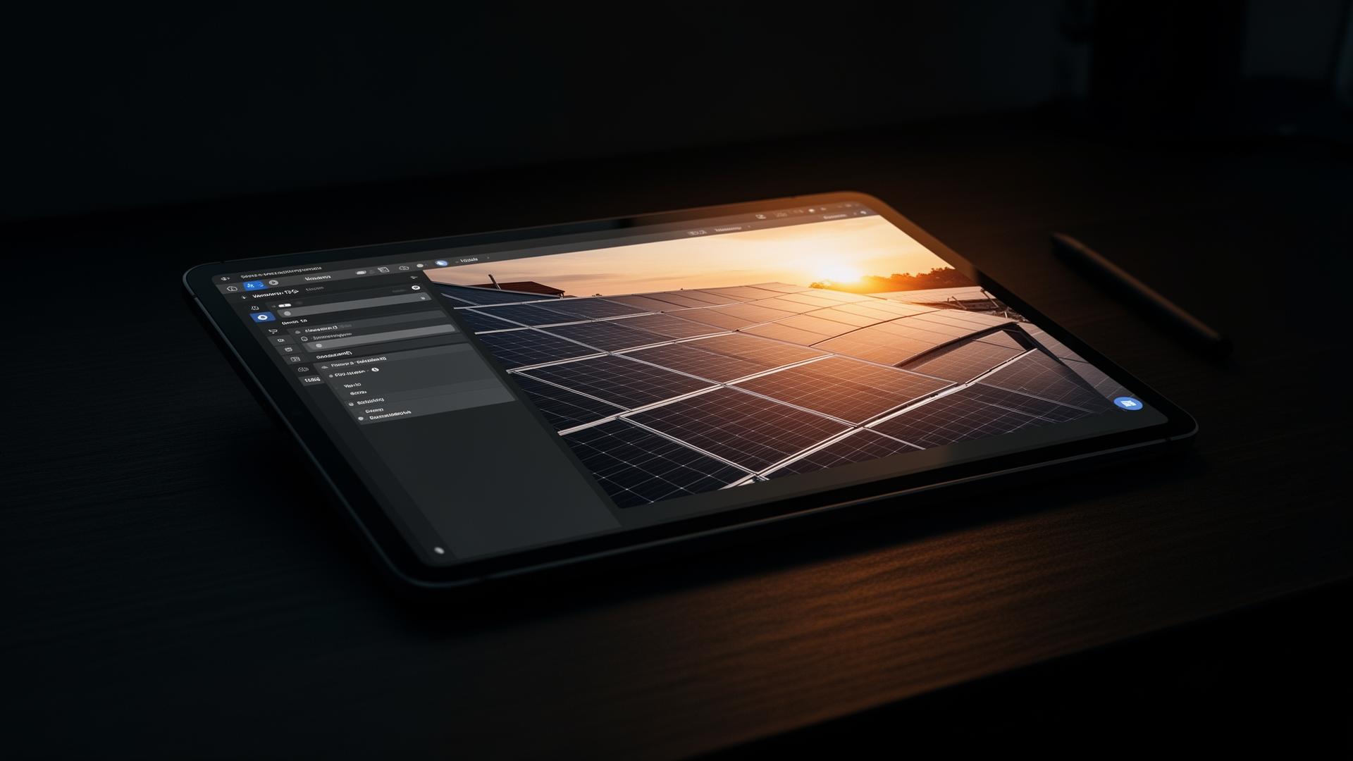 Solar design software running on a tablet at sunset