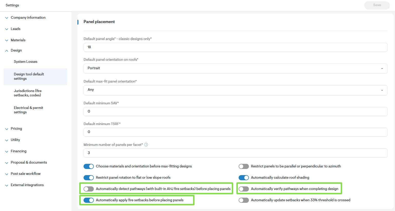 Design tool default settings Design tool default settings