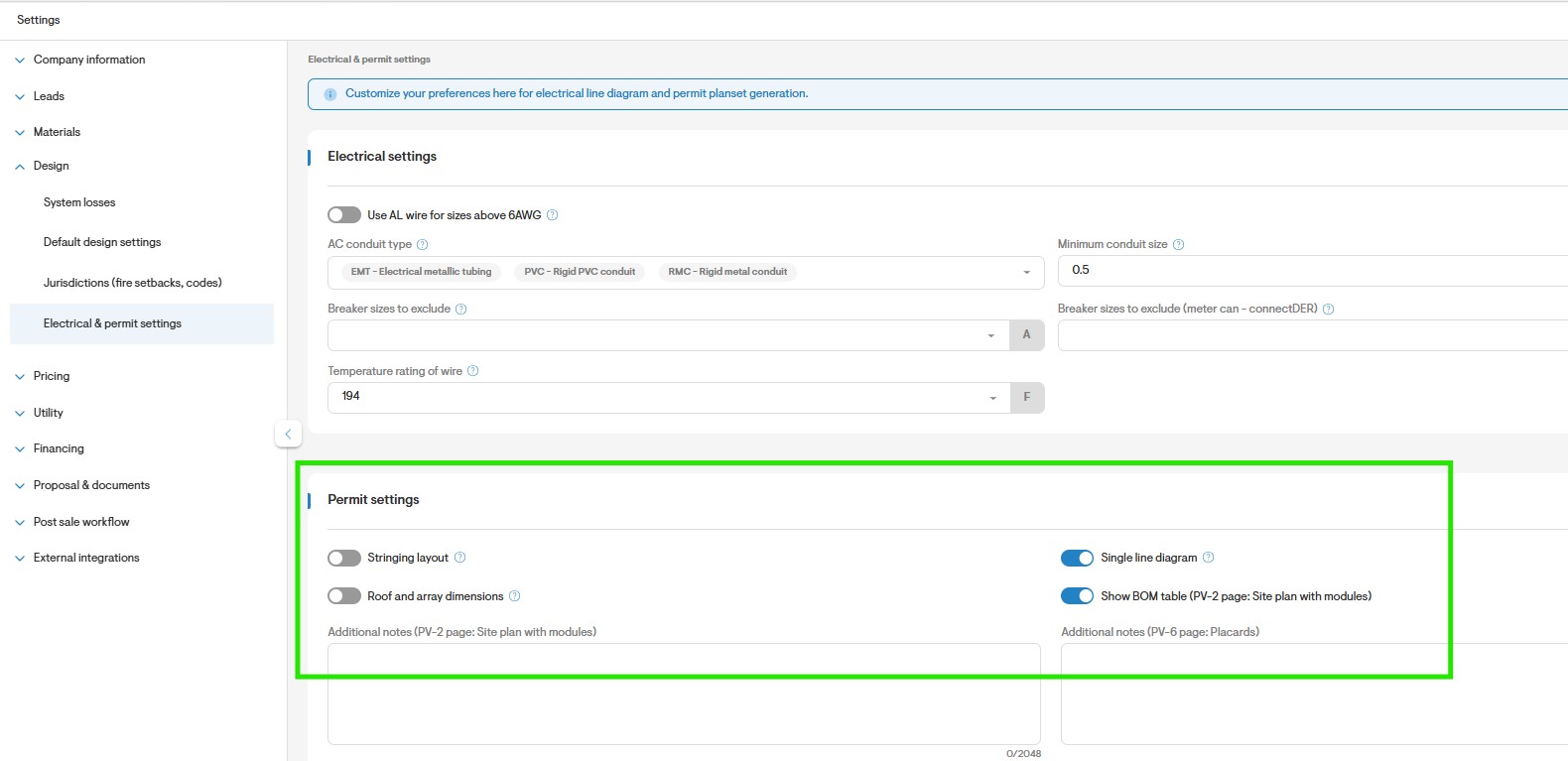 Customizing Electrical and Permit Settings for Permit Plan Set Generation